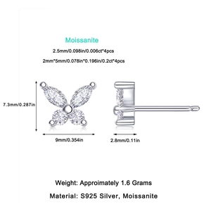 Detailed size specifications for butterfly moissanite stud earrings in S925 silver