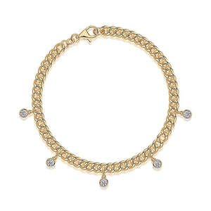 Golden 925 silver Cuban link bracelet with five clear zircon pendants on white background
