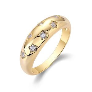 Polished gold S925 silver dome ring with star engravings and moissanite stones