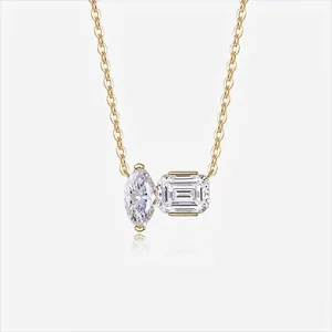 Collana in Argento Sterling 925 Con Moissanite per Donna Placcata Oro Pendente Geometrico Taglio Marquise Smeraldo Gioielli