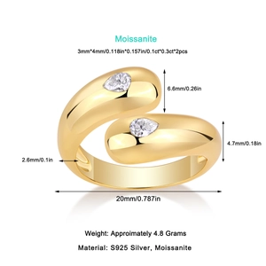 Detailed view of gold plated S925 silver ring featuring two pear cut moissanite stones