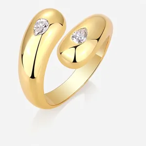 925 Sterling Silver Gold Plated Bypass Pear Shaped Moissanite Open Ring Adjustable Double Waterdrop Stone Band Jewelry For Women