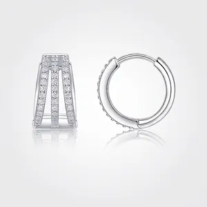 925 Sterling Silver Moissanite Hoop Earrings For Women Three Row Micro Pave Round Fashion Jewelry With GRA Certificate Gift
