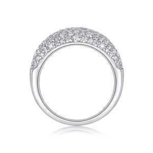 S925 sterling silver ring with multi-row pavé moissanite stones on white background