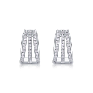 925 silver U-shaped hoop earrings with triple row moissanite stones on white background
