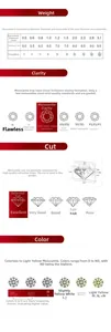 Size chart showing moissanite weight, diameter, clarity, and color grading for heart necklace