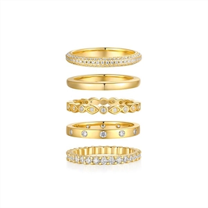 Set of five elegant gold S925 silver rings featuring sparkling moissanite and zircon stones