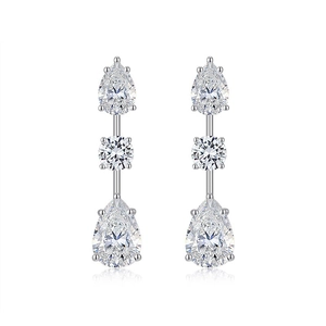 Elegant S925 sterling silver drop earrings featuring triple moissanite stones in pear shapes