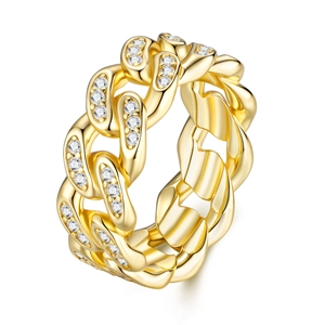 Iced out gold Cuban link ring with D color moissanite micro-pave in 925 sterling silver