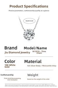 Detailed product specifications for the 925 silver moissanite necklace showing chain length