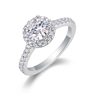 Classic round moissanite ring with halo setting and half-eternity diamond-set band