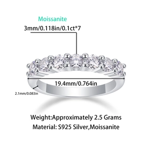 Technical diagram showing 7 moissanite stones set in an S925 silver eternity ring band