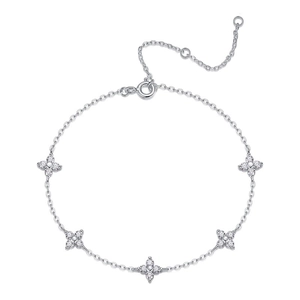 Elegant S925 sterling silver bracelet with five floral moissanite charms and extender chain