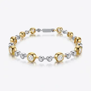 Élégant bracelet bulle en argent S925 bicolore avec moissanites rondes et placage d'or