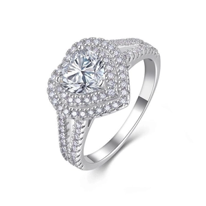 Classic S925 sterling silver heart-shaped ring with double halo moissanite setting