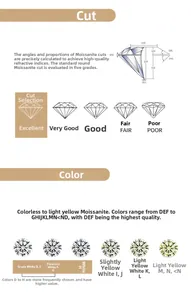 Moissanite grading chart detailing professional cut and color scale for 925 silver rings