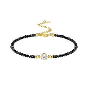 Elegant S925 silver gold-plated bracelet with black spinel beads and moissanite stone