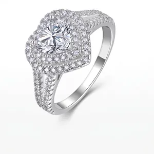 Luxury Heart Moissanite Ring 925 Sterling Silver Double Halo Pave Engagement Wedding Band Jewelry For Women