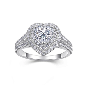Classic S925 sterling silver heart ring with double halo moissanite and split shank design