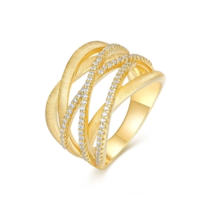 Crossed multi-layer gold ring with brushed texture and pavé set white zircon stones