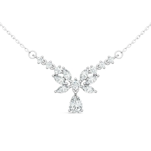 Elegant sterling silver butterfly necklace with sparkling moissanite stones on white background