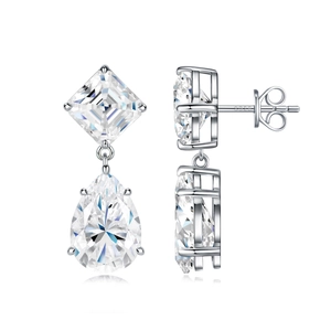 S925 sterling silver drop earrings with princess and pear-cut clear moissanite stones