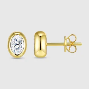 925 Sterling Silver Moissanite Stud Earrings For Women Gold Plated Oval Bezel Set Minimalist Elegant Fine Jewelry Gift