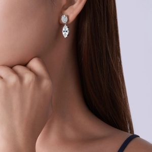 Detailed view of teardrop moissanite earrings with marquise cut stones in S925 silver