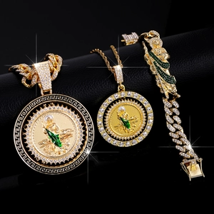 Set di Collana e Bracciale Hip Hop in Lega di Zinco Oro Con Ciondolo San Giuda e Catena Cubana Strass Uomo Donna