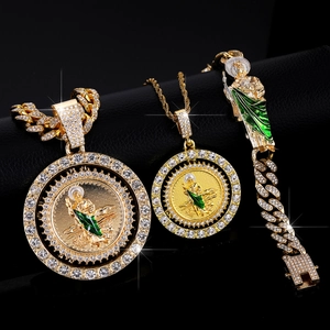 Gold-plated hip hop Saint Jude necklace and bracelet set with green enamel and crystals
