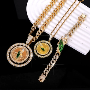 Hip hop St. Jude gold jewelry set with iced out cuban chain and green enamel pendants