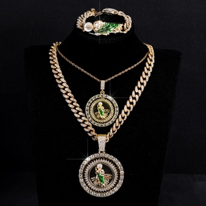 Hip Hop Rotating Saint Jude Necklace Bracelet Set Zinc Alloy Pave Rhinestone Green Enamel Cuban Rope Chain Religious Jewelry
