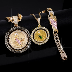 Collana con Ciondolo Saint Jude Hip Hop Bracciale Lega Placcata Oro Strass Catena Cubana Gioielli Religiosi Uomo Donna