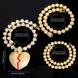 Hip-Hop-Schmuckset mit vergoldeten Panzerketten und rotem Broken-Heart-Anhänger mit Zirkonia