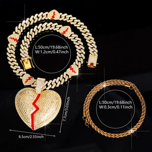 Set gioielli hip hop con catena cubana dorata e grande ciondolo a cuore ghiacciato