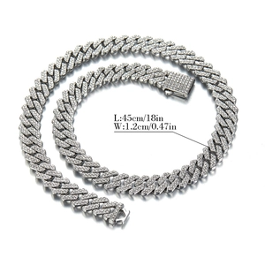 Silver 12mm double-row iced out Cuban link chain with spring clasp, 45cm length