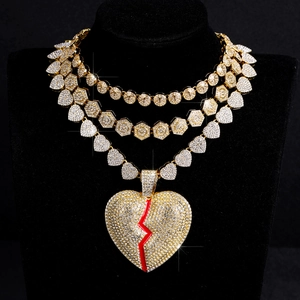 Hip Hop Legierung Gebrochenes Herz Anhänger Halskette Set Für Damen Herren Strass Panzerkette Iced Out Schmuck Set