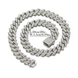 Close-up detail of 15mm iced out Cuban link chain with measurements 50cm length