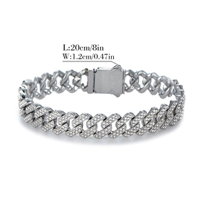 12mm silver Cuban link chain bracelet with double-row rhinestones, 8 inches long