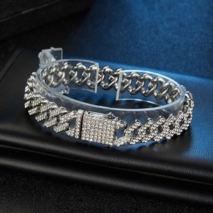 Iced out silver Cuban link chain with double row rhinestones and spring buckle