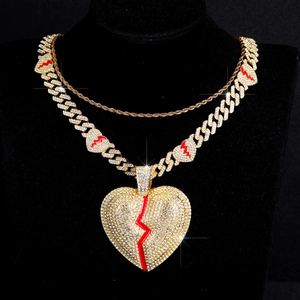 Hip Hop Lega Strass Ciondolo Cuore Infranto Set Collana Rosso Smalto Goccia Cuore Catena Cubana Gioielli per Unisex