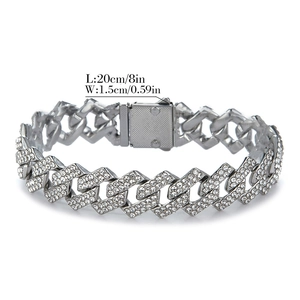 Detail view of 15mm silver cuban link chain with double row rhinestones and clasp size