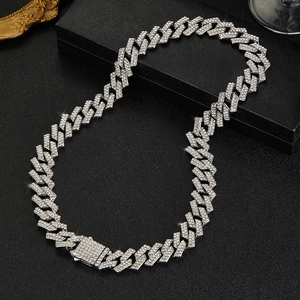 Silver 15mm iced out Cuban link necklace with double row rhinestones and spring clasp