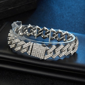 Hip hop 15mm silver Cuban link necklace with double row iced out diamonds and spring clasp