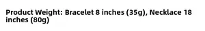Size and weight specifications for the 18-inch necklace and 8-inch Cuban link bracelet set