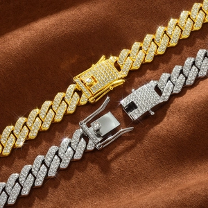 Iced out 14mm rhombic Cuban link chain necklace in gold and silver hip hop style