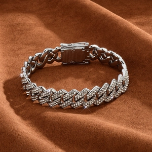 Silver plated 14mm iced out Cuban link bracelet with sparkling rhinestones for men