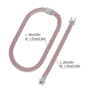 Detailed dimensions of silver Cuban link chain set with pink rhinestones