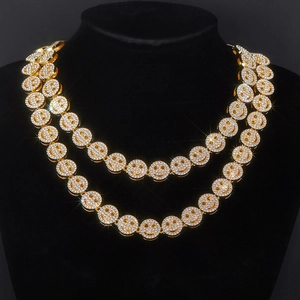 Golden double-layer Cuban chain necklace set with paved rhinestone smiley faces