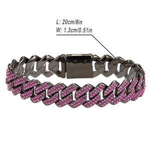 Bracciale a catena cubana gun black con strass rosa brillanti, lunghezza 20 cm